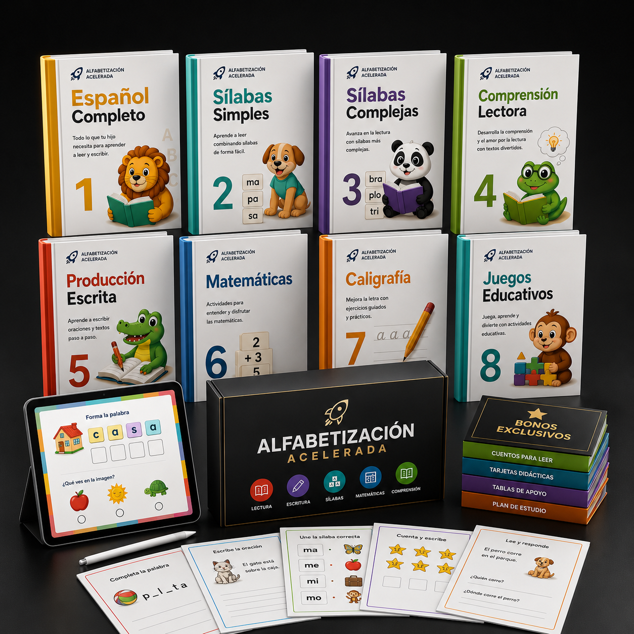 Pack completo de Alfabetización Acelerada: 8 cuadernos, tablet, caja de la marca, bonos exclusivos y actividades imprimibles